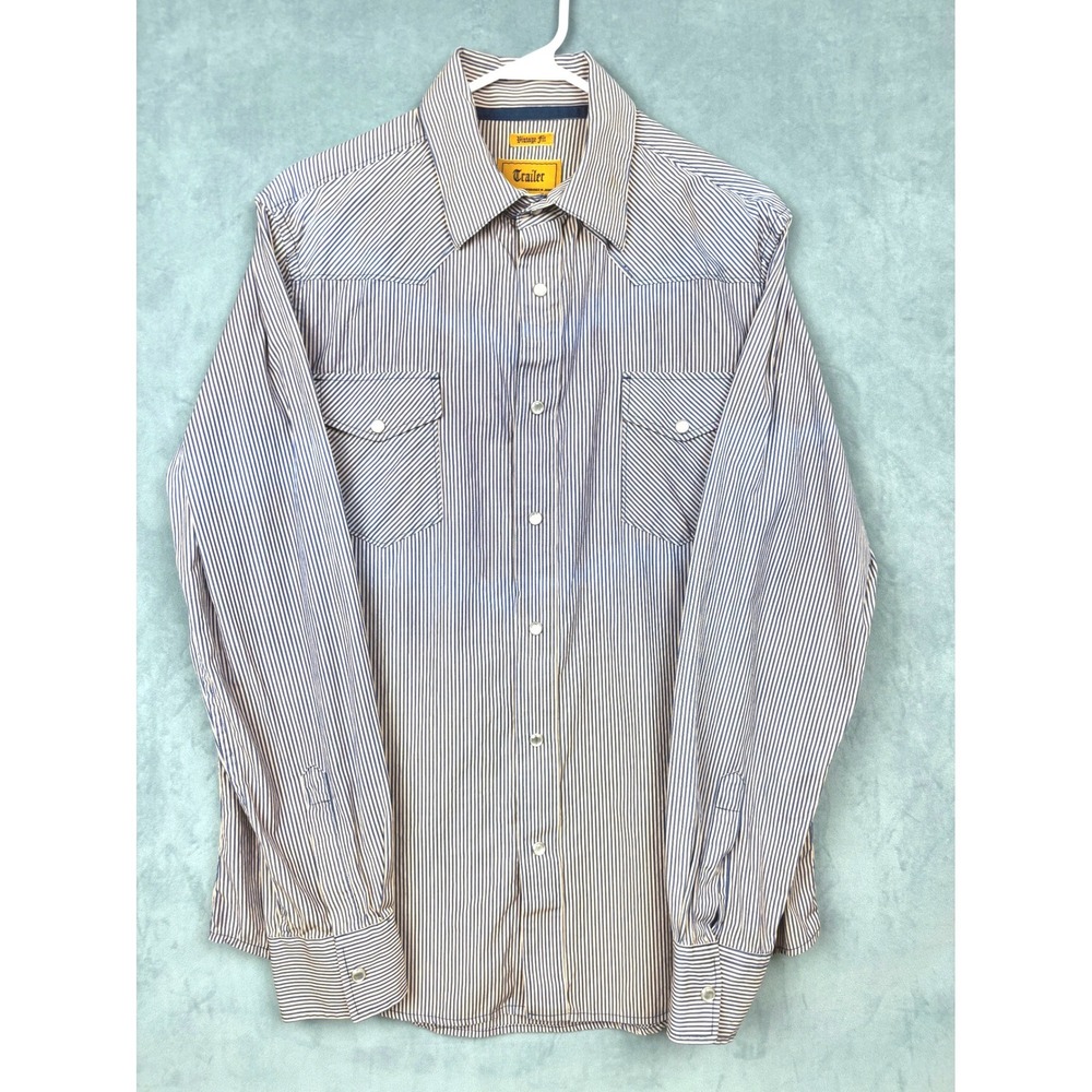 Trailer Vintage Fit Mens Western Shirt Large Blue White Stripe Pearl Snap Cotton